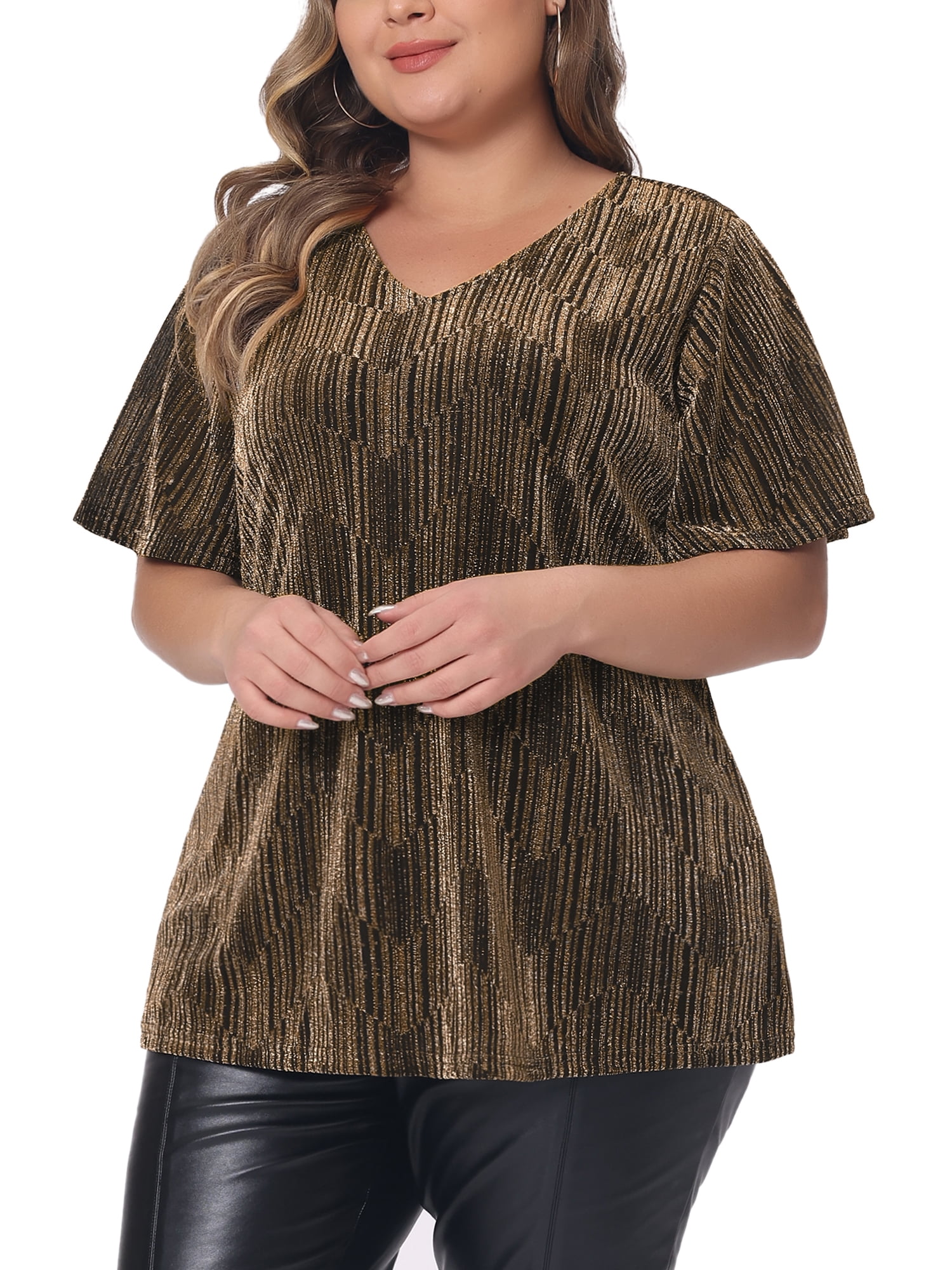 Women's Plus Metallic Tops V Neck Short Sleeve T-Shirt Party Top Glitter Blouses 5X Gold
