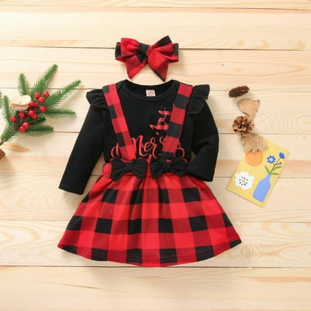 

High Quality! 0-12M Christmas Dress Outfits Baby Girl 3PCS Suspender Skirt+Romper+Headband (Black)