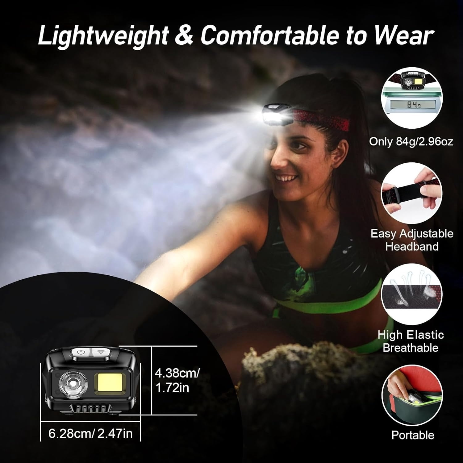 High Lumen Rechargeable LED Headlamp, 2000 Lumens Super Bright Dimmable Headlight with Motion Sensor - 8 Lighting Modes, Adjustable Spotlight and Floodlight, IPX5 Waterproof, Hands-Free for Camping,