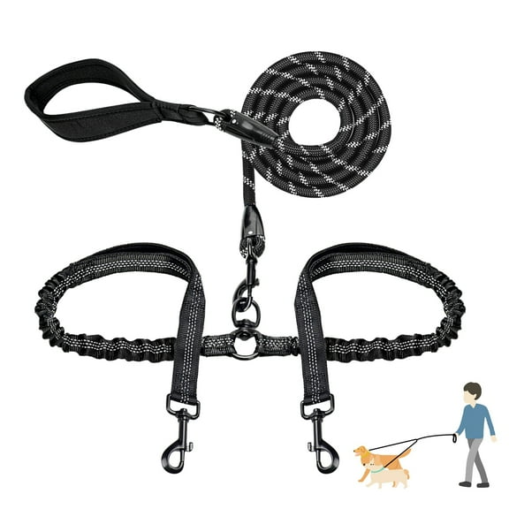 Black Dog Leashes, Double Dogs Leash for Two Dogs, Heavy Duty Bungee Dog Leash Shock Absorbing Reflective Leashes with Two Extra Traffic Handles for Walking 2 Dogs