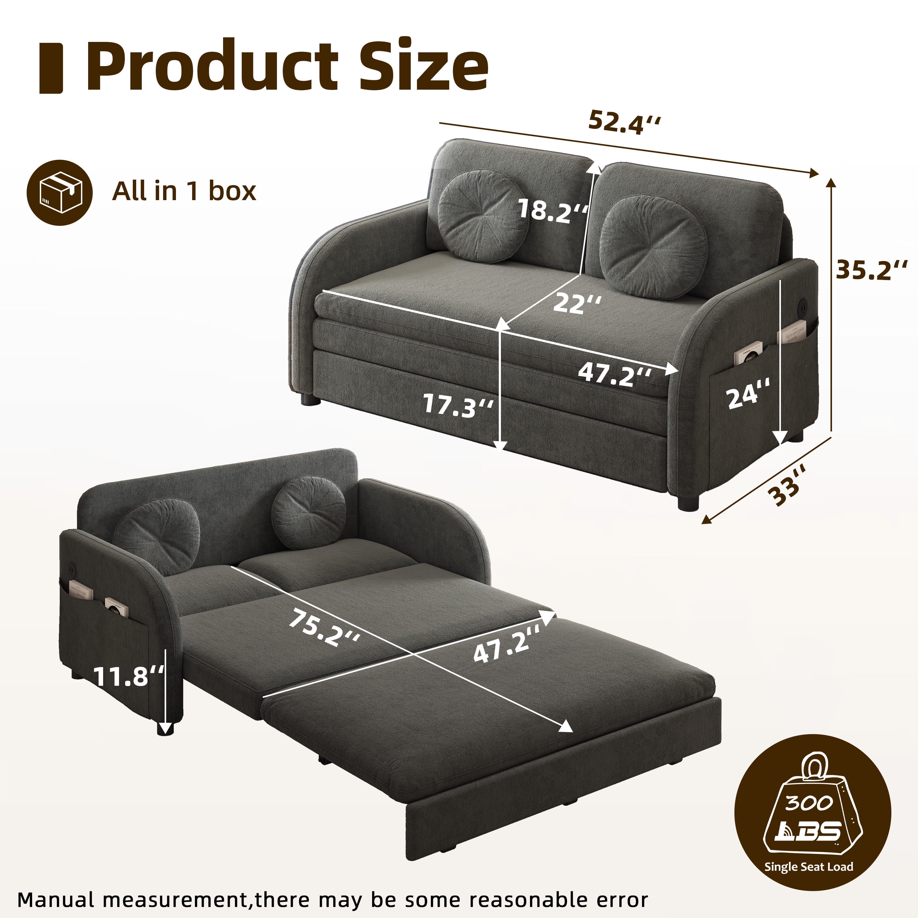 Alvantor 52" W Convertible Sleeper Sofa Bed Chenille Pull Out Loveseat with Side Pocket & USB Port & Pillows for living room, Apartment, Gray