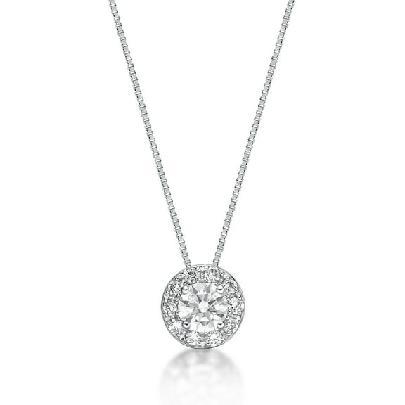 1 Carat Lab Grown Diamond Round Halo Pendant Necklace for Women in 14k White Gold on 18 Inch Chain (G-H, 12-13, cttw) Spring Ring by Lavari Jewelers