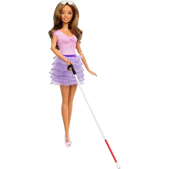 Barbie Fashionistas Doll #228 Blind Barbie Doll Wearing Pastel Outfit with Cane and Sunglasses, Ages 3Y+