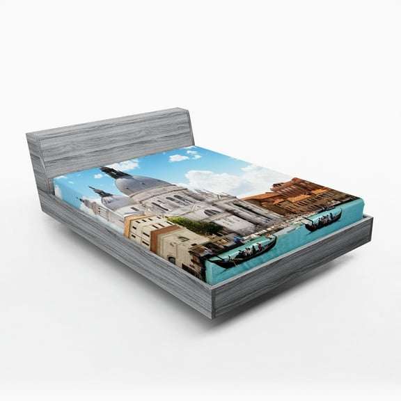Ambesonne European Fitted Sheet, Grand Canal Venice, Full Size, Pale Coffee White