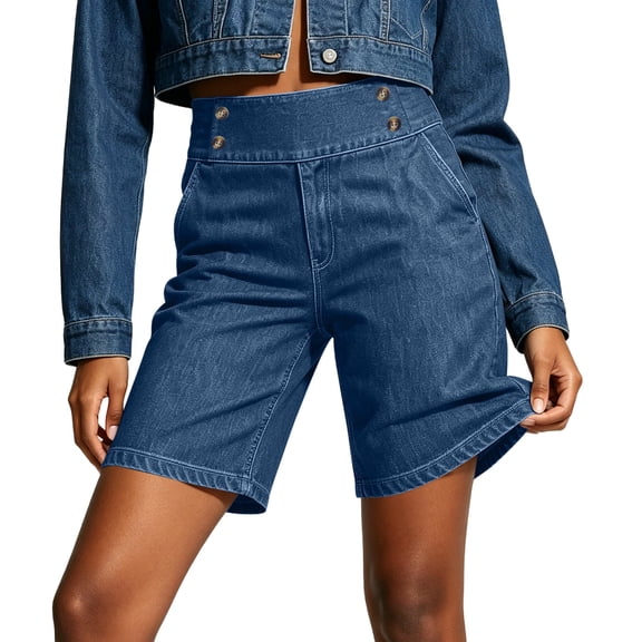 Denim Shorts for Women Trendy Pull On High Waist Bermuda Shorts with Button Decor Casual Summer Jean Shorts for Blue S