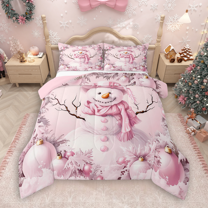 Manfei Cute Snowman Queen Comforter Set 3 Pieces for Girls Boys, Pink Gloves Scarf Bedding Sets, Merry Christmas Bedding Comforter Set, Breathable Home Decor