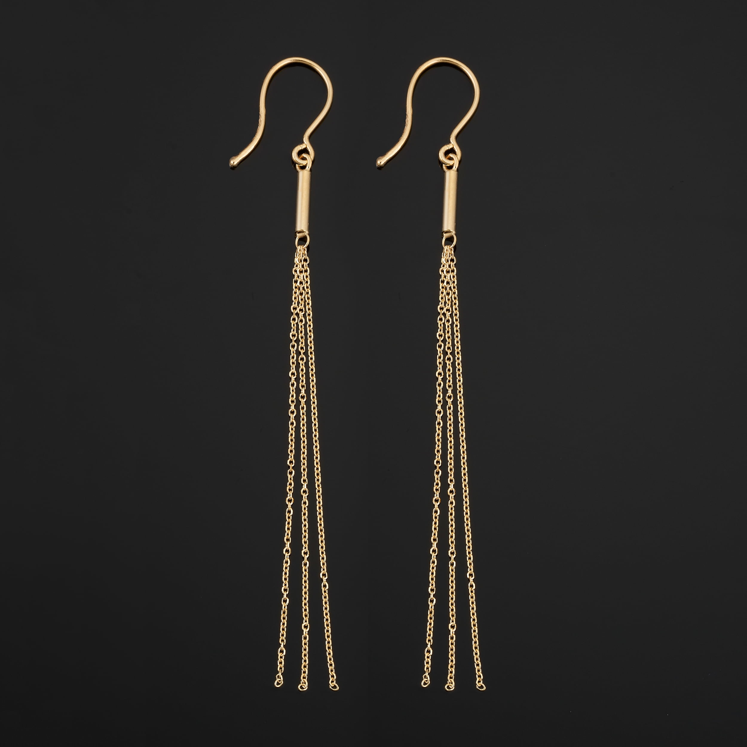 Au Naturale 14k Yellow Gold Tube Triple Strand Cable Chain Tassel Hook Earrings (2.8 inches long)