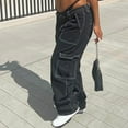 thumbnail image 5 of Women's High Waisted Cargo Jeans Stretch Wide Leg Denim Pants Trendy Black M, 5 of 8