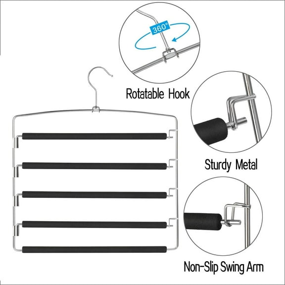 GIXUSIL Pants Hangers 1Pcs, Swing Arm Trousers Hanger, Space Saving Pants Rack, 5 Layers Jeans Hangers with Non-Slip, Multiple Pants Hanger Closet Organizer for Trousers Scarves Ties