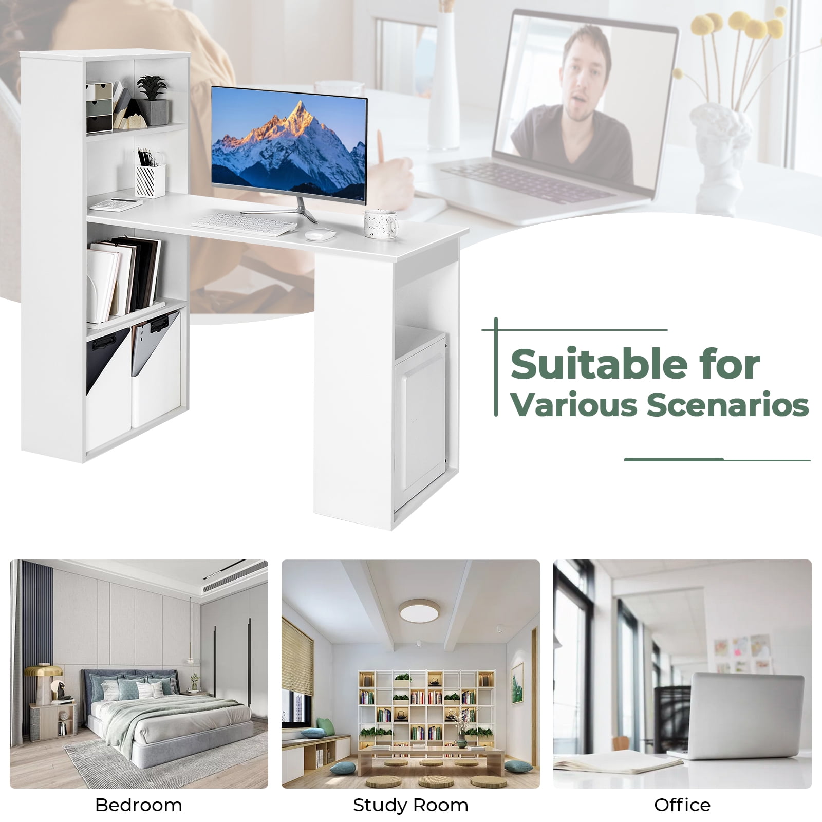 Topbuy 48 Inch Computer Desk with Bookshelf 3-in-1 Home office Desk with 4-Tier Bookcase & CPU Stand Space-saving Reversible Writing Desk White