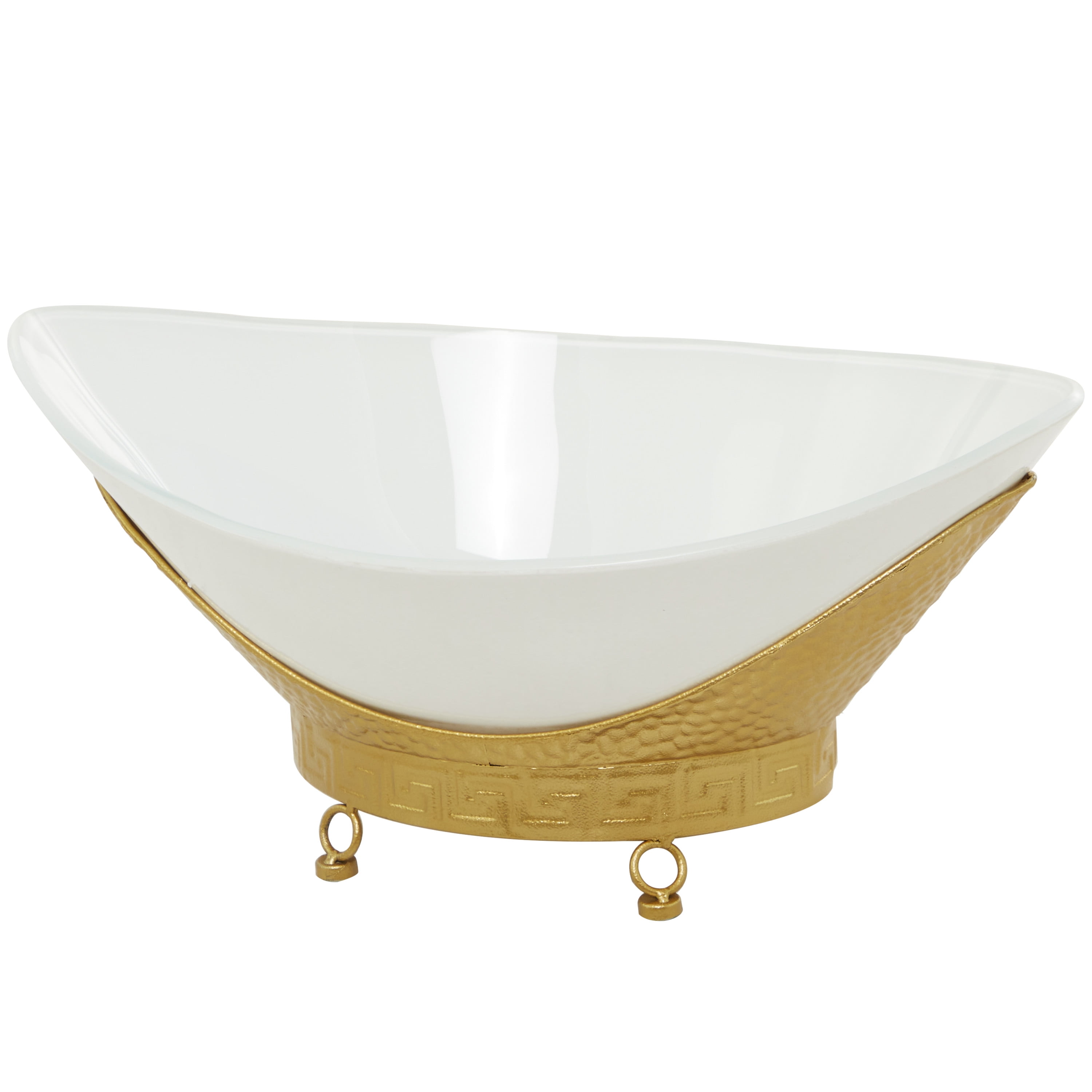 CosmoLiving by Cosmopolitan 23" x 11" White Glass Hammered Kitchen Serving Bowl with Gold Metal Stand and Ring Feet, 1-Piece
