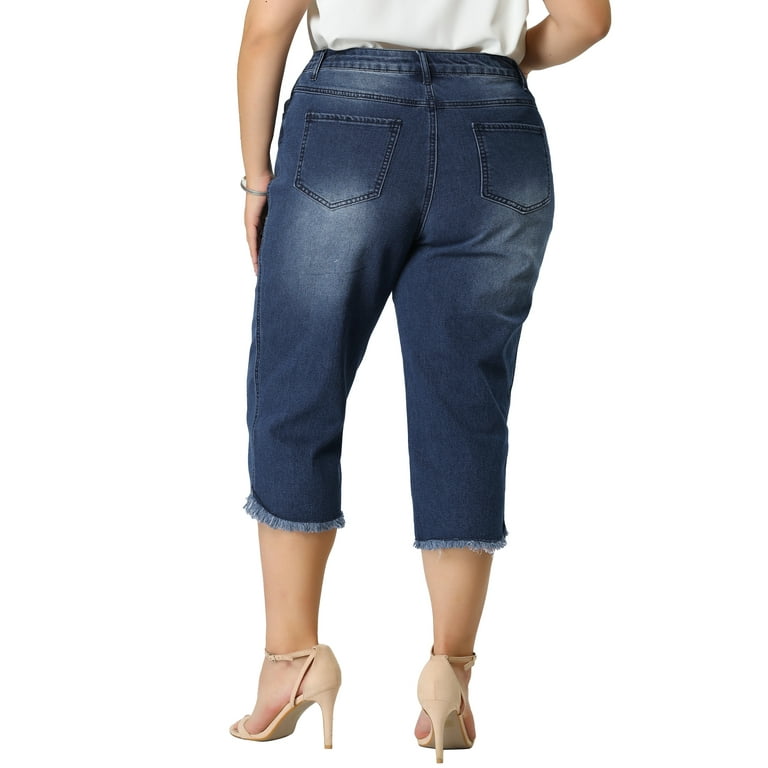 Unique Bargains Women's Plus Size Capri Ripped Slash Pocket Raw Hem Denim  Jeans 