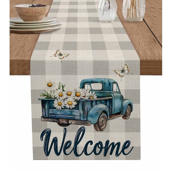 Blue Truck Spring Floral Table Runner 60 Inches, Grey Plaid Butterflies Vintage Bed Runner Dresser Scarves Tabletop for Indoor Outdoor Parties/Ceremony/Banquet, 13" x 60"