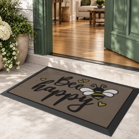 Frabe Outdoor Welcome Door Mat, Low Profile Entrance Rug with Bee Happy Design, Durable Non-Slip Easy Clean Dirt Trapper for Back Door Entryway Porch Garage, Brown 17"x30"