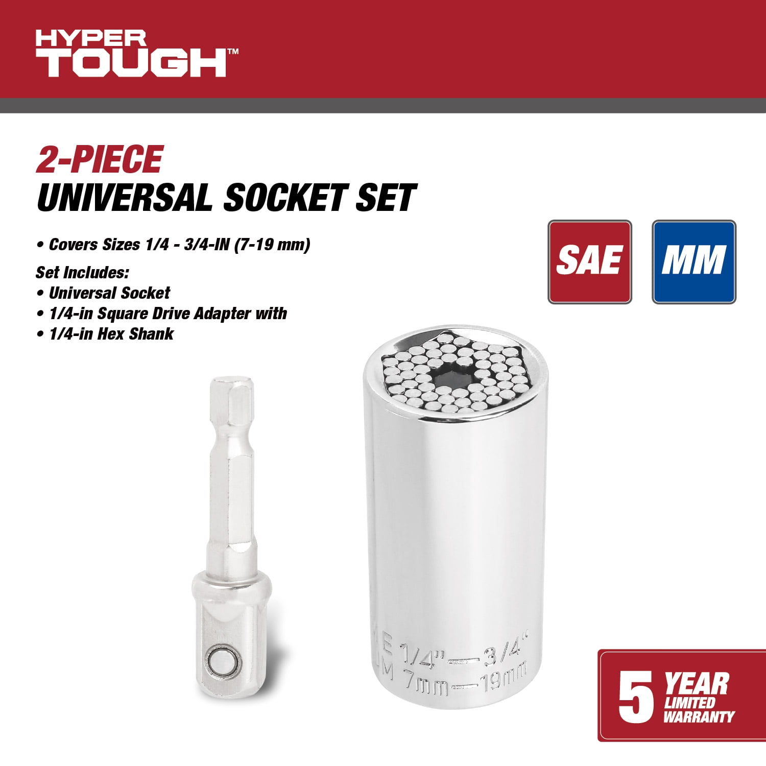 Hyper Tough Universal Socket with Power Drill Adaptor, Fits 1/4-3/4 inch