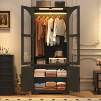 ChVans 4 Door Armoire Wardrobe Closet with LED Sensor Light,72"H Arch design Clothing Storage Cabinet with Hanging Rod and Glass Doors