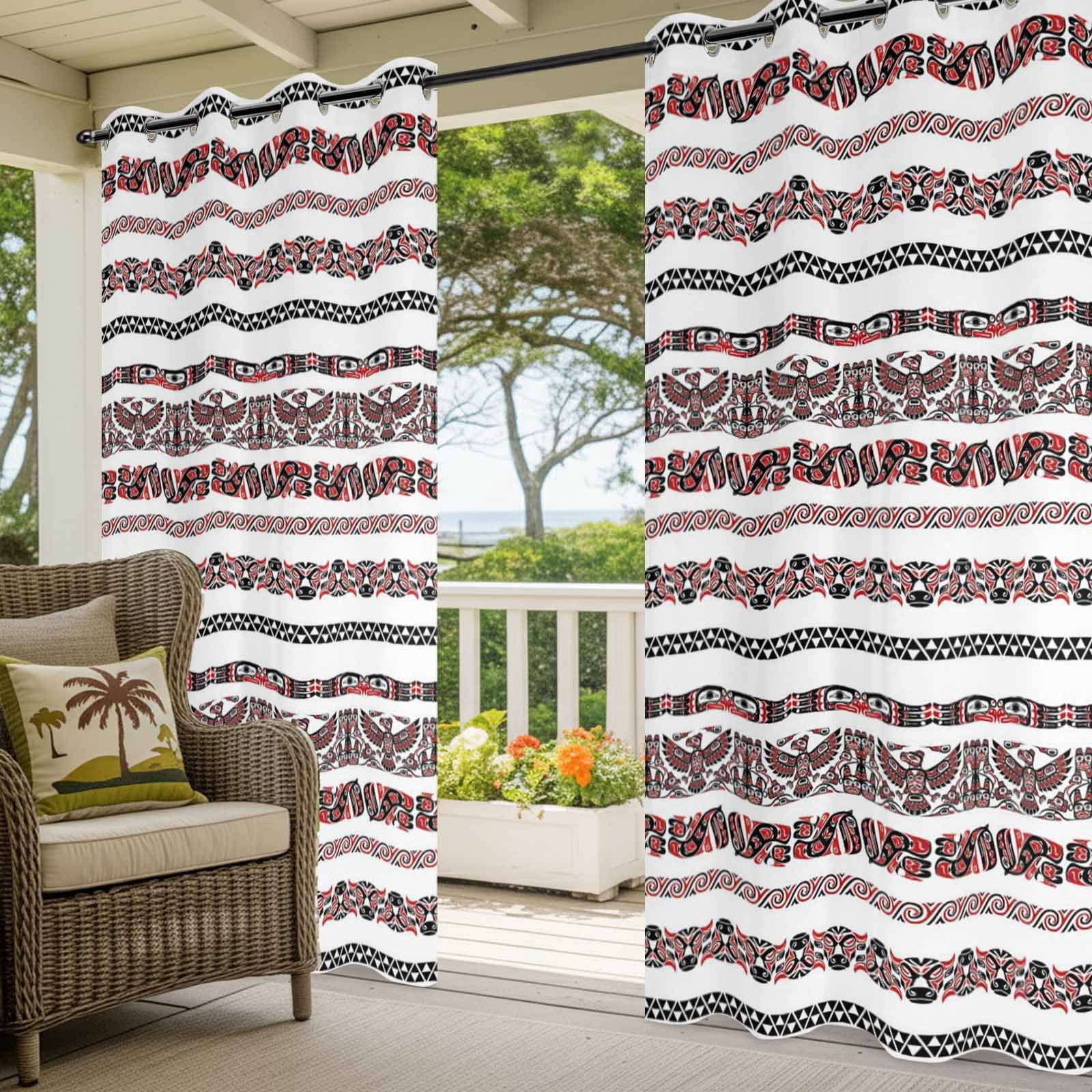 Tribal Ethnic Style Outdoor Curtains for Patio, Bird Geometric Boho Red White Rustic Sunshade Privacy Drapes Grommet Waterproof Outside Curtains for Porch/Cabana/Balcony 54"x 108", 1 Panel