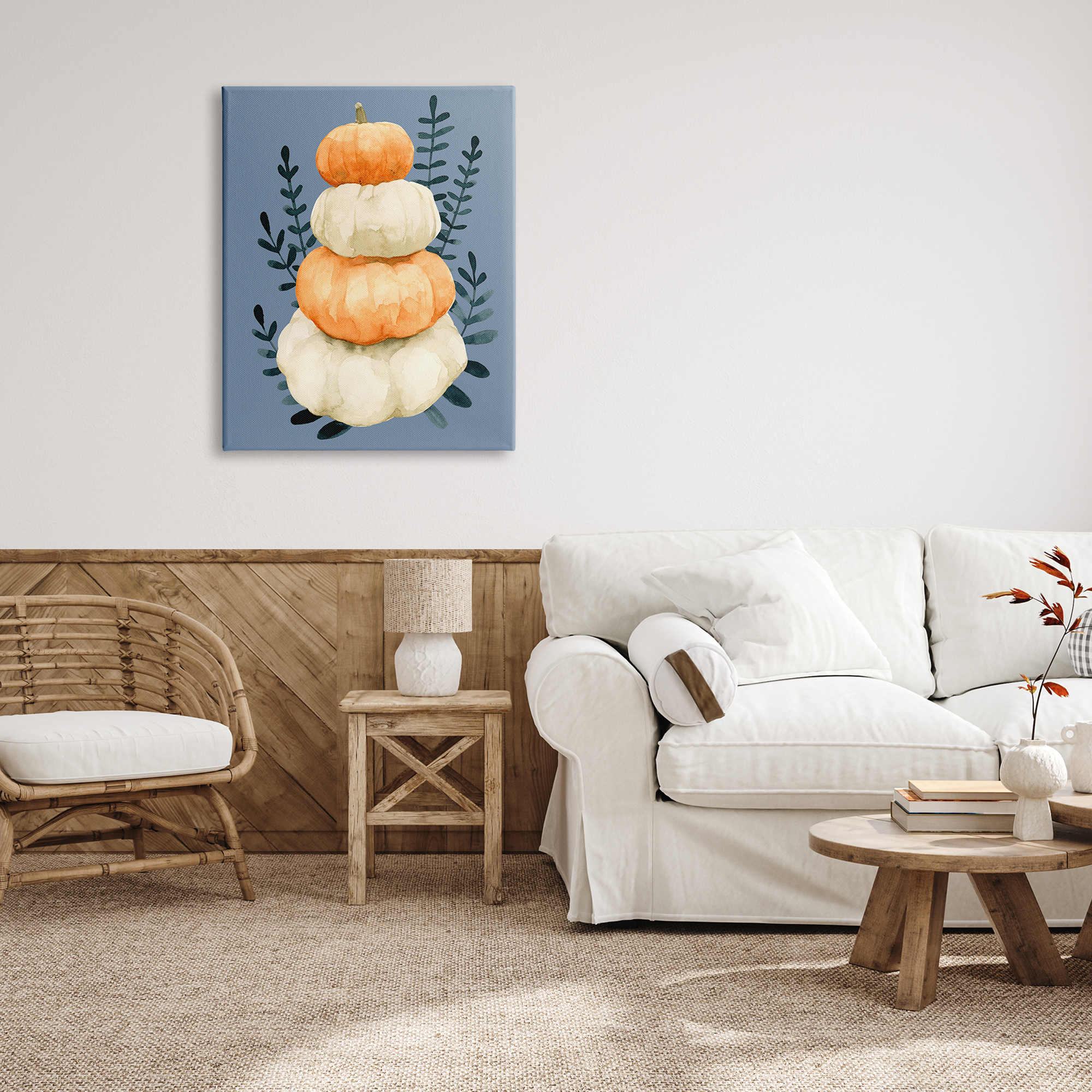 Stacked Fall Pumpkins Botanical Leaves Blue Background Botanical & Floral Painting Gallery-Wrapped Canvas Print Wall Art