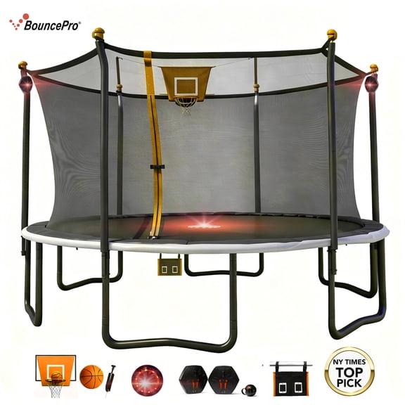 Sportspower Bounce Pro 14ft Multiplay Trampoline Meets ASTM Safety Standards, Heavy-Duty Rust-Resistant Painted Steel Frame, Safety Net, Basketball, Electronic Target Game & Flashing Lights