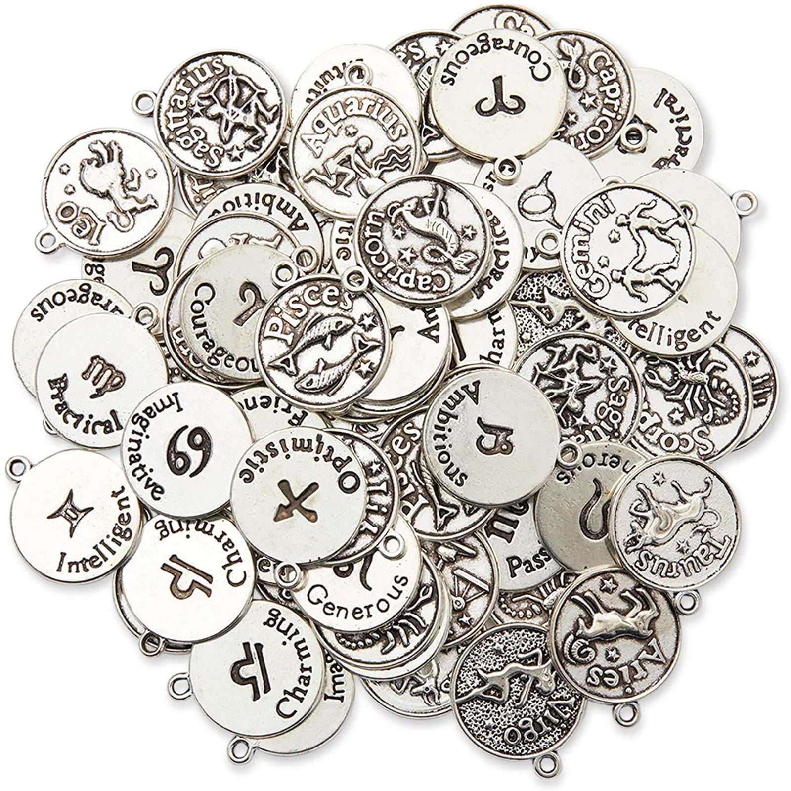 72 Pcs Silver Zodiac Sign Charms for Beading & Keychain Necklace Pendants, DIY Jewelry Making Kit for Adults