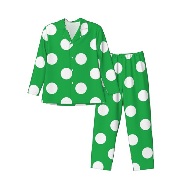 Fotbe Green And White Polka Dot Pijama de Hombre con Estampado de Manga Larga, Conjunto de 2 Piezas, Ropa de Dormir Suave y Cómoda con Bolsillos-Small