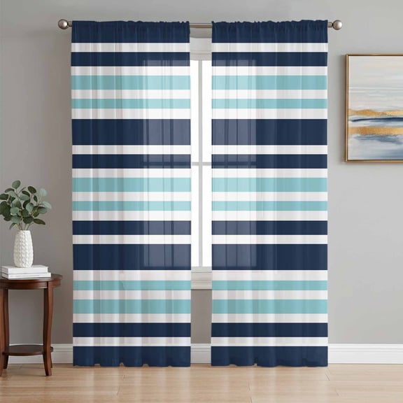 Sheer Curtains 72 Inches Long 2 Panels Set for Bedroom, Navy Blue Turquoise Striped Semi Sheer Curtains for Windows, Gradient Horizontal Lines Voile Window Treatments Rod Pocket Curtain