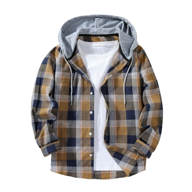 Ceisia Men's Casual Plaid Patchwork Hooded Button-Up Long Sleeve Shirt Gift