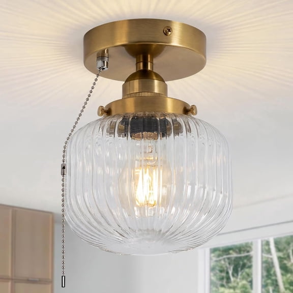 KEESFU Semi Flush Mount Ceiling Light in Gold Bronze, Vintage Glass Ceiling Light with Pull Chain Switch, Modern Gold Hallway Light Fixture for Bedroom, Kitchen, Hallway, Entryway