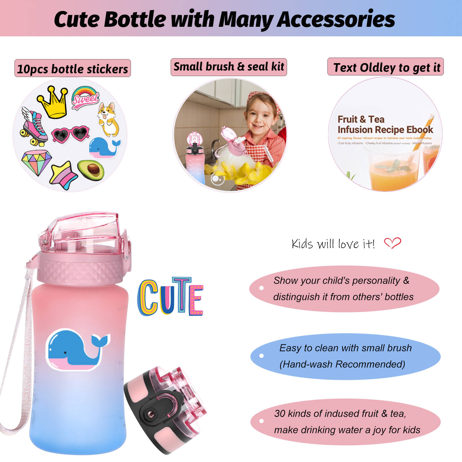 Oldley 12oz Kids Water Bottle with Filter, Blue photo 3