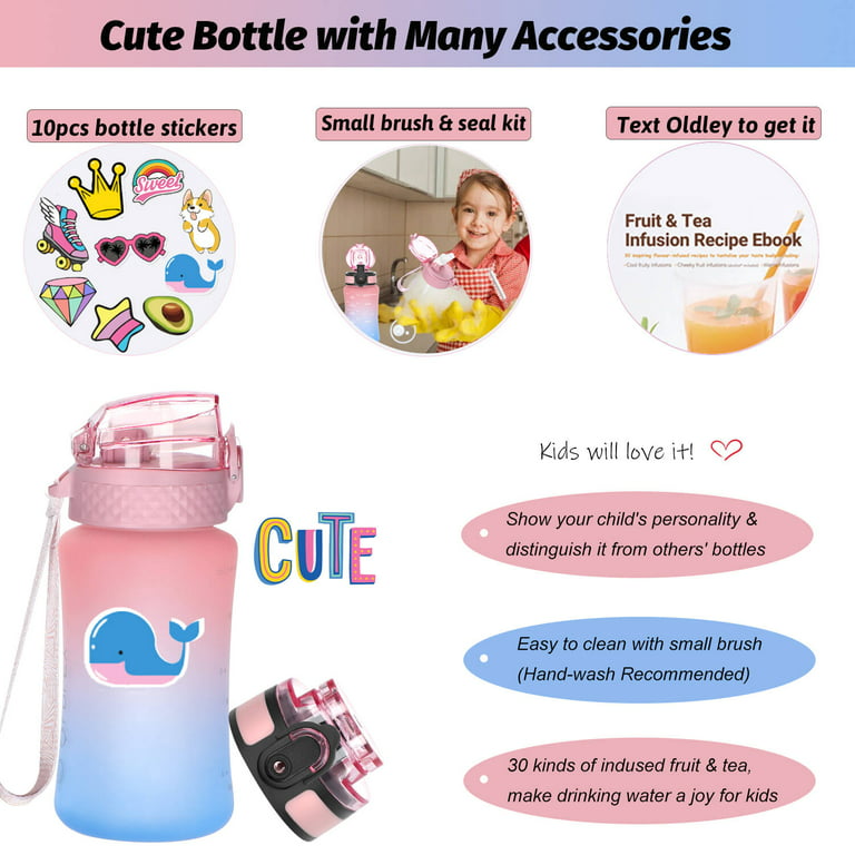 Kids Water Bottle with Straw & 10 Stickers 12 oz BPA Free Reusable  Motivational Water Bottles with Time Marker/Measurements Leak-proof  One-click-open