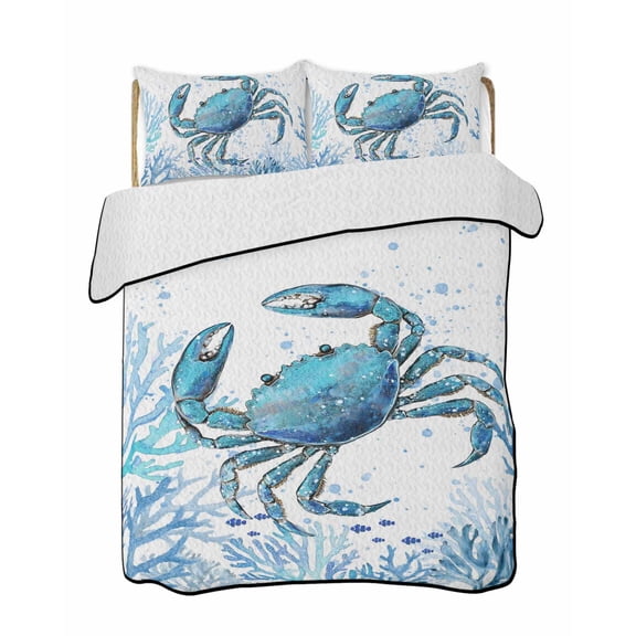 Quilts Twin-XL Size Bedding Set, Blue Coastal Crab Lightweight Quilted Comforter, Summer Ocean Coral Sea Fish Abstract Soft Reversible Bedspread Coverlet with Pillow Covers for All Season, 68" x 98"