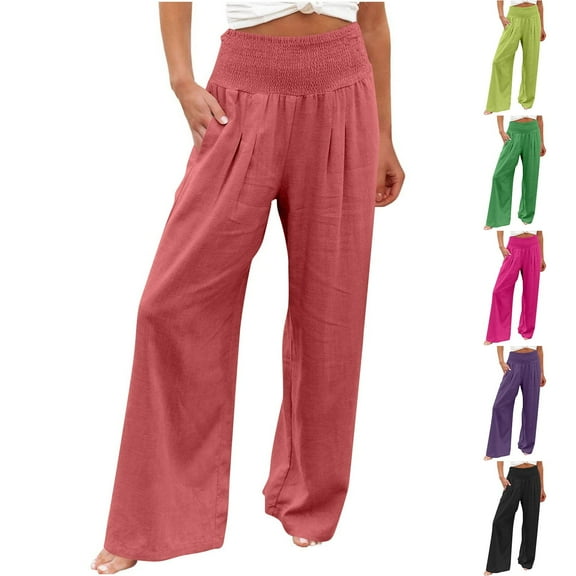 FRSASU Womens Elastic High Waisted Pants Solid Casual Wide Leg Lounge Loose Straight Long Trousers Purple XL(XL)