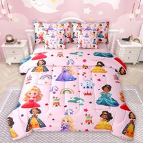 Manfei Kawaii Black Princess 7pcs Bedding Comforter Set,Cartoon Castle Queen Bedding Sets,Multicolor Stars Print Queen Sheet Sets For Girl Teens,Ultra Soft Home Decor Reversible
