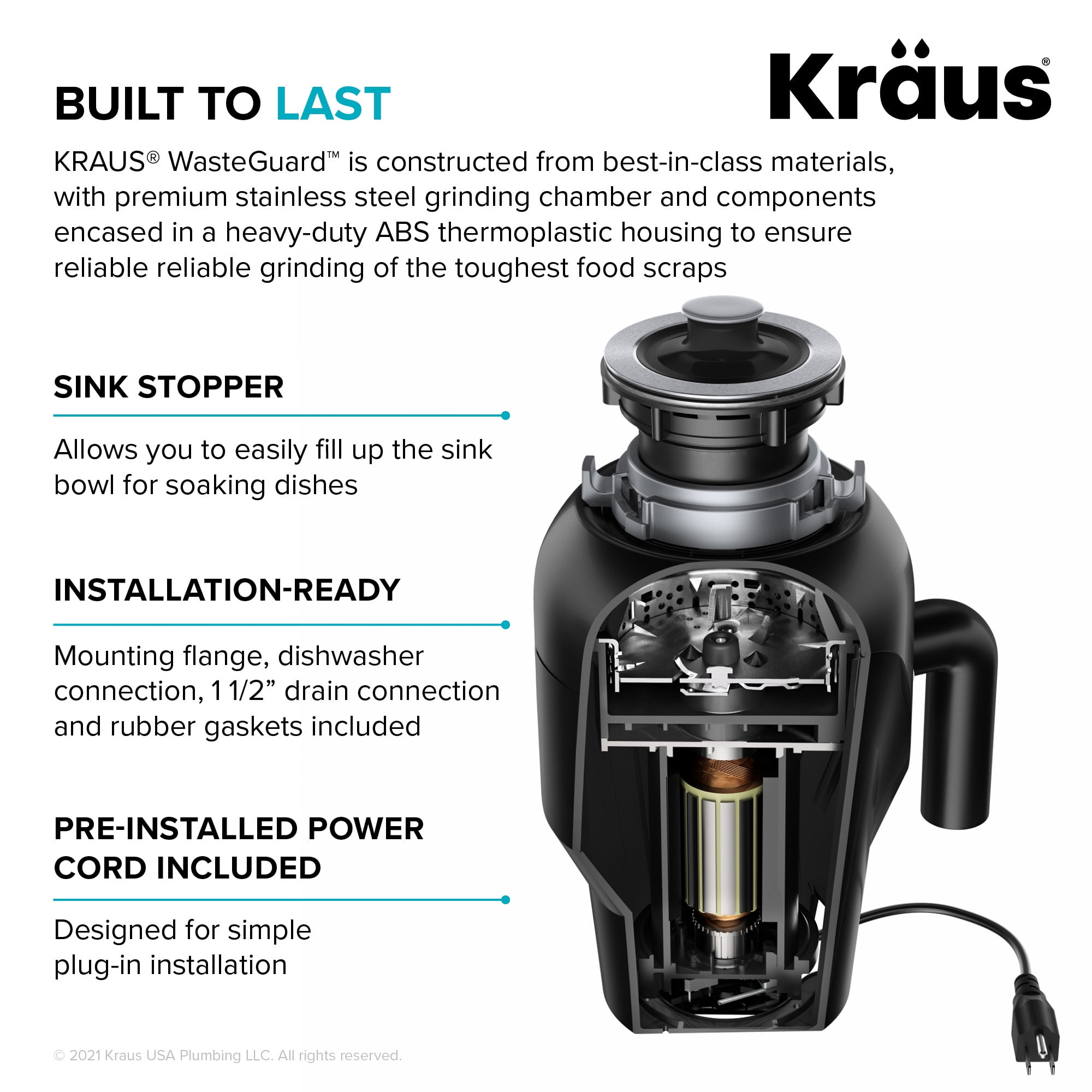 KRAUS WasteGuard Continuous Feed Garbage Disposal with 3/4 HP Ultra-Quiet Motor for Kitchen Sinks with Power Cord and Flange Included