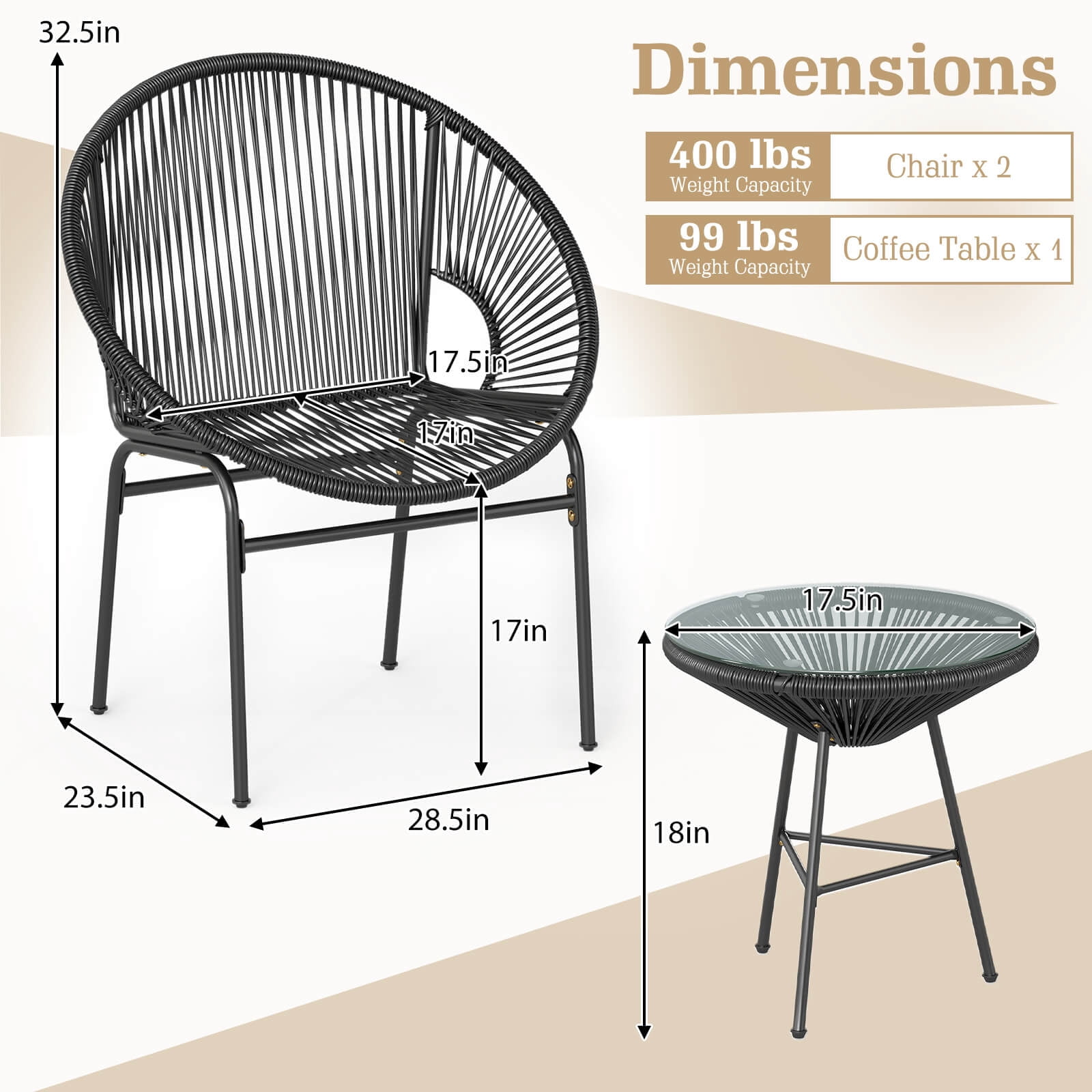 Costway 3PCS Patio Acapulco Furniture Bistro Set Plastic Rope Glass Table Black