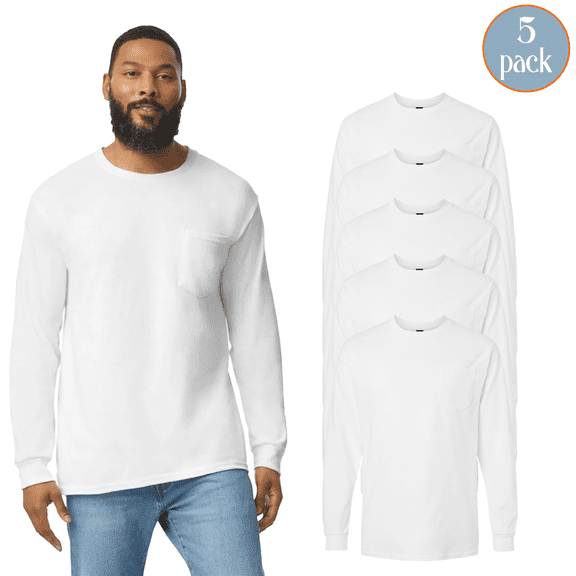 Gildan Men Ultra Cotton Long Sleeve Pocket T-Shirt, 100 Percent Cotton Crew Neck White Tee 5-Pack S
