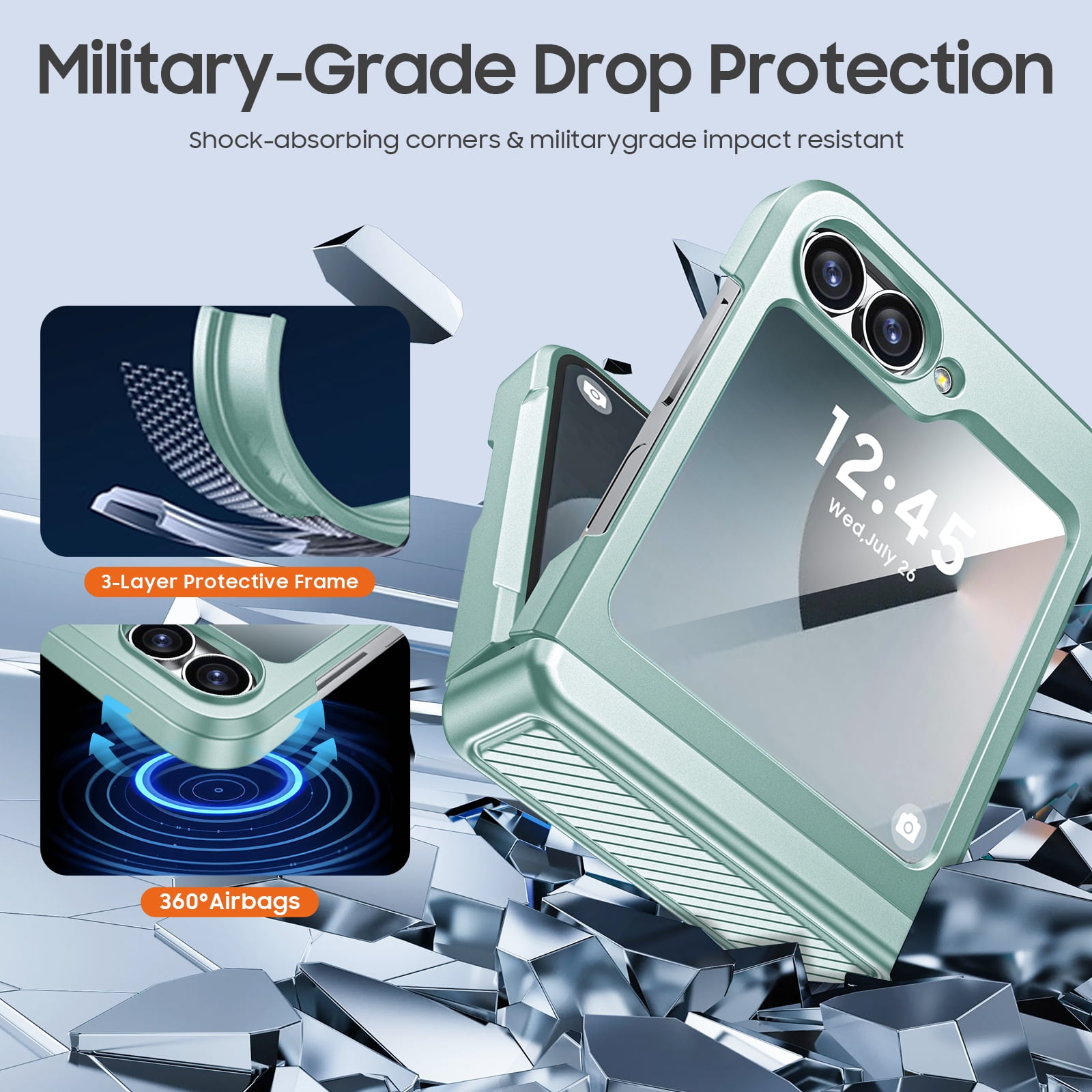 Oupeigar for Samsung Galaxy Z Flip 6/7FE Phone Case with Card Holder[RFID Blocking],Hinge Protection,Screen Protector,Shockproof Case-Mint Green