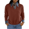 thumbnail image 3 of QATAINLAV Sweaters for Women with Denim Collar and Cuffs Long Sleeve Pullover 2 in 1 Denim Panel Lapel Knit Sweater Polos Shirts Coffee Free Size, 3 of 9