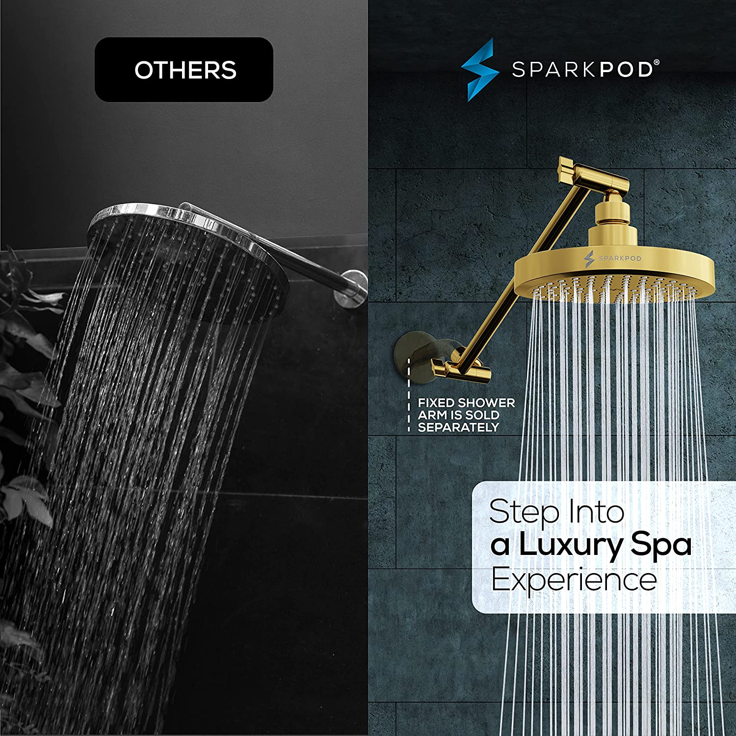 SparkPod Rain Shower Head with Adjustable Extension Arm 11" - High Pressure, Easy Install (6" inch Shower head, Egyptian Gold)