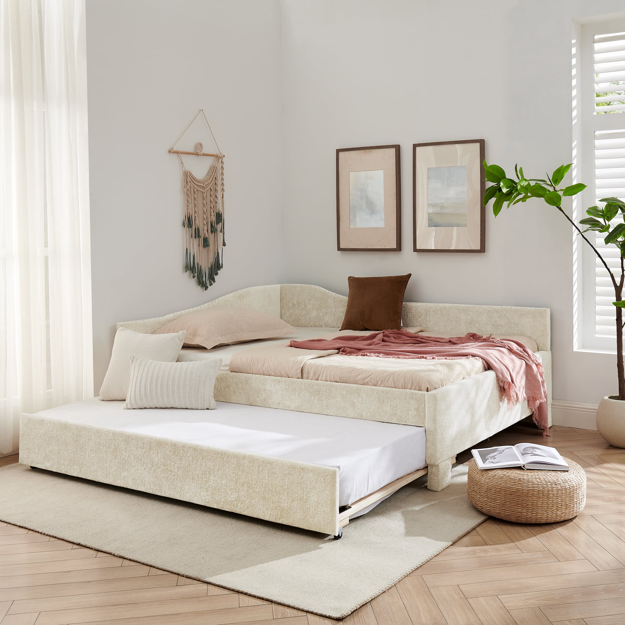 Full Size Daybed,Chenille Upholstered Daybed with Pull-Out Trundle & Built-In USB Charging Port,2-in-1 Space Saving Sofa Bed for Guest Room,Small Space,Beige