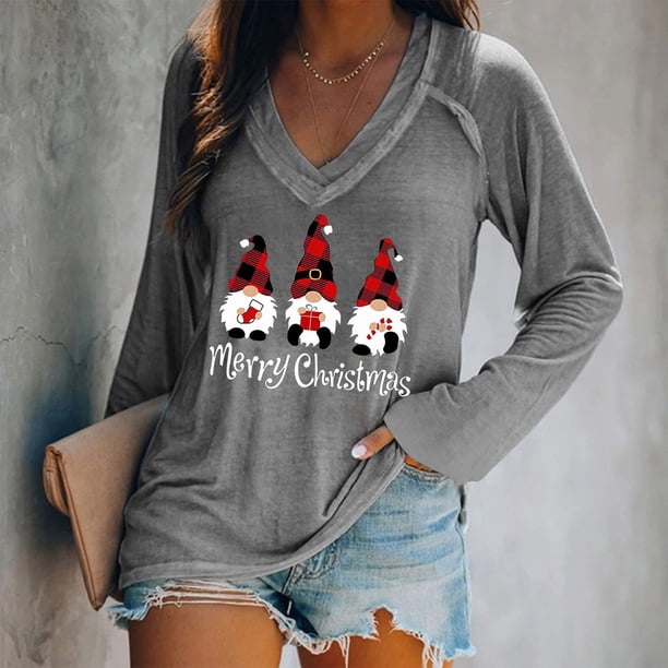 Pntutb Moda Mujer Casual Cuello en V Navidad Impreso Camiseta de manga larga Pntutb Pntutb-6994
