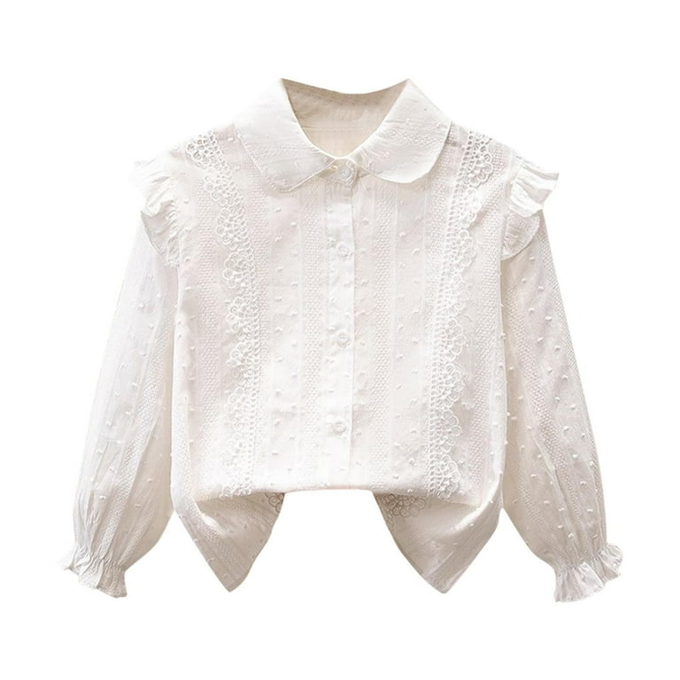 Little Girls Lace Shirt Button Down Blouse Doll Collar Long Sleeve