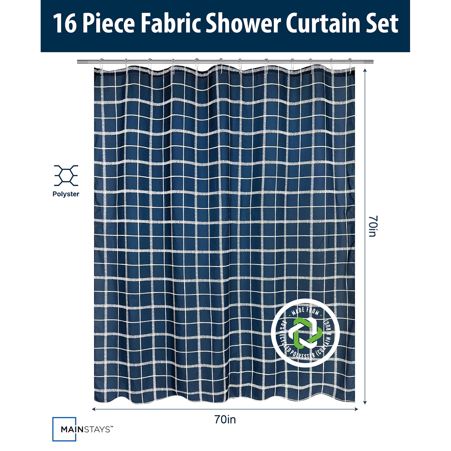 Mainstays 16-Piece Navy Blue Check Shower Curtain Bathroom Set – Fabric Curtain with Rug, Hooks, Soap Dispenser & Tray