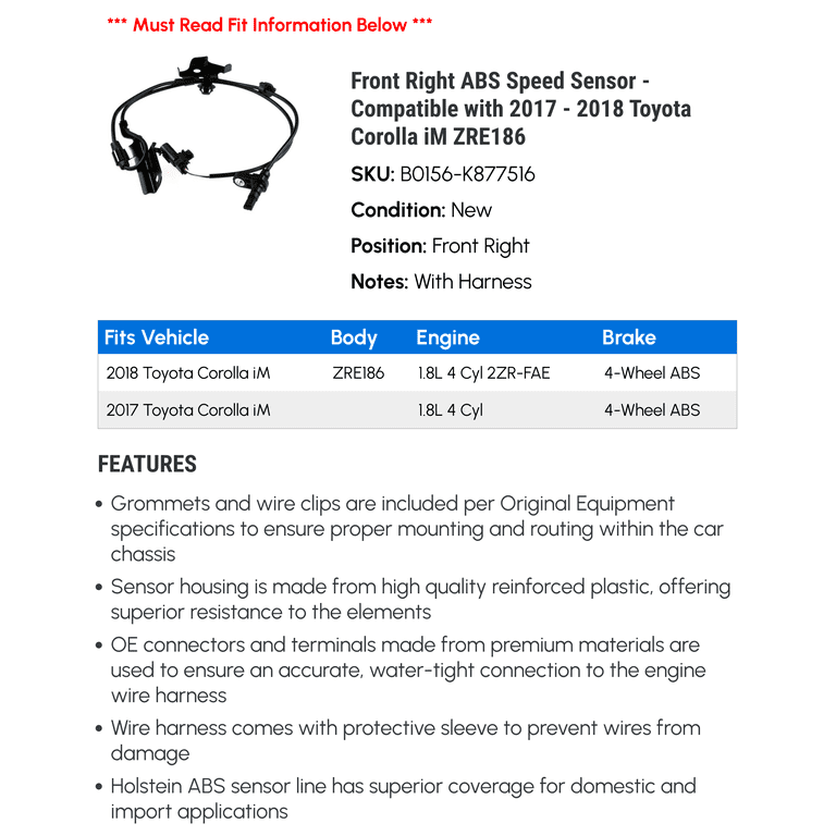 Front Right ABS Speed Sensor - Compatible with 2017 - 2018 Toyota