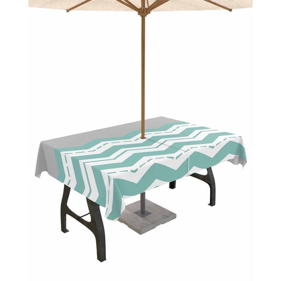 Outdoor Tablecloth with Umbrella Hole for Patio/Picnic/Party/Camping, Turquoise Chevron Waterproof Table Cloth Rectangle Table Cover Washable, Geometric Grey Wavy Striped White 60"x 84"