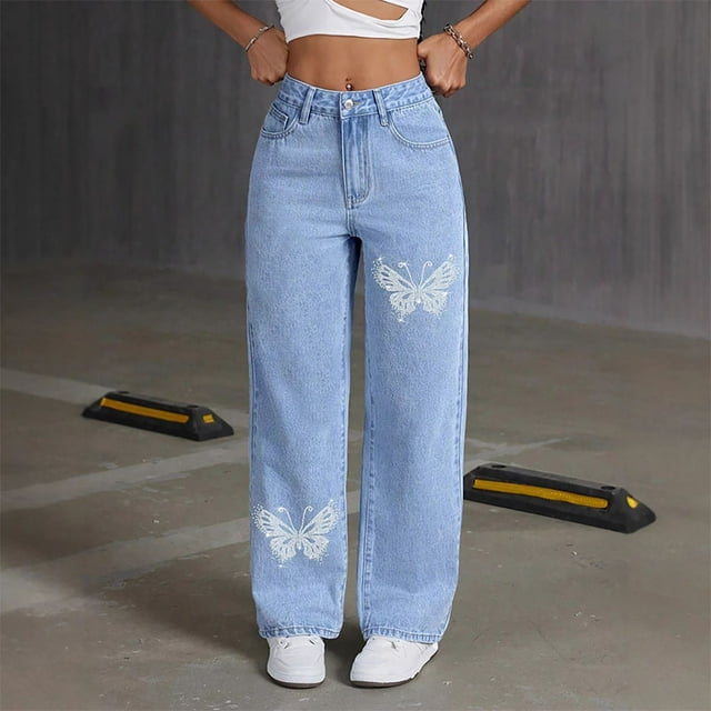 Soki Womens Wide Leg Jeans Straight Leg Washed Denim Jeans Pants Butterfly Graphic Jeans