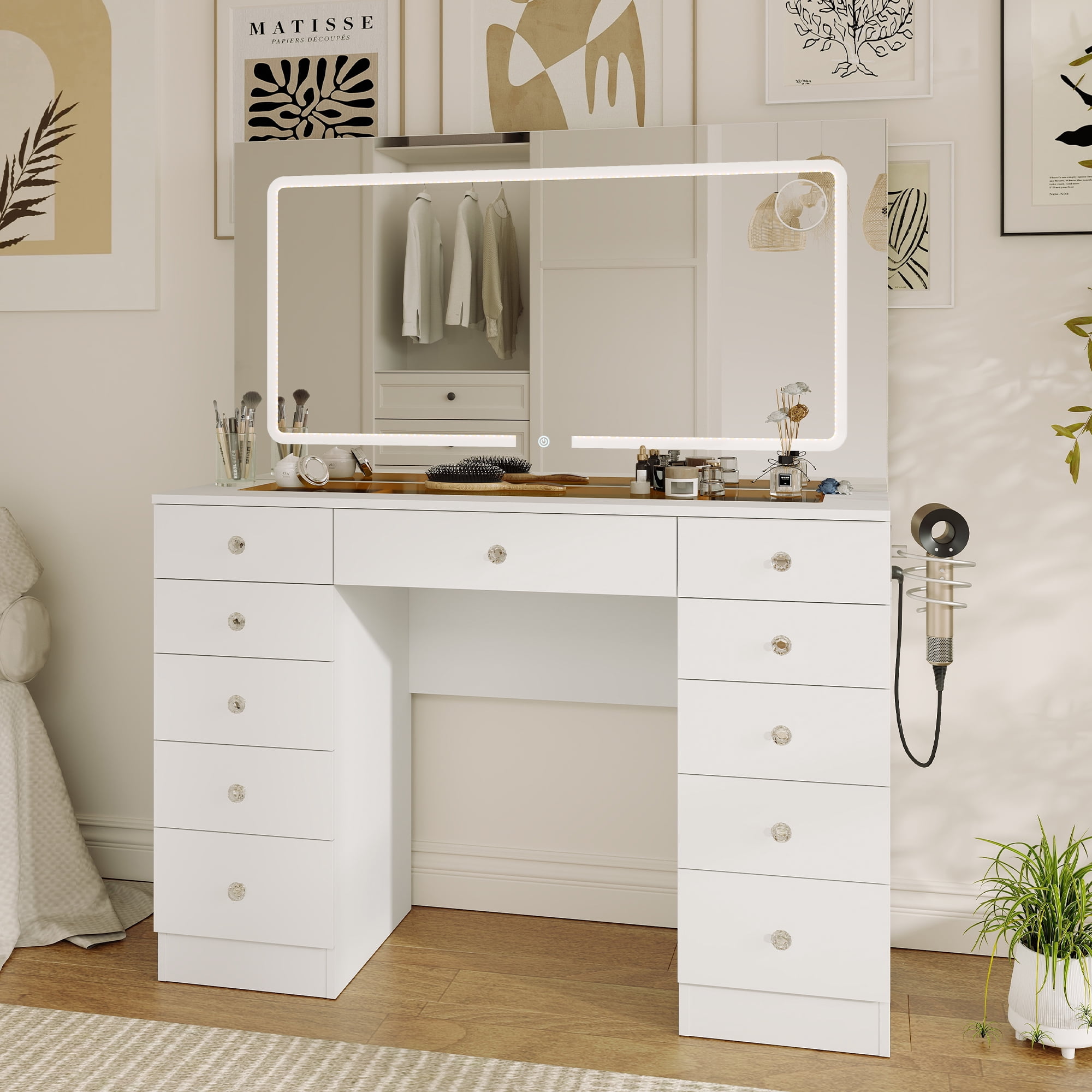 Vanity Desk with Tempered Glass top and Mirror and Lights,11 Drawers Makeup Vanity Desk, Vanity with 3 Adjustable Lighting Modes and Magnetic 5X Magnifier for Bedroom,White