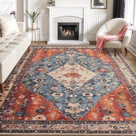 Dawing 9 x12  Large Rugs for Living Room Boho Machine Washable 9x12ft Area Rugs Non-Slip Ultra-Thin Stain Resistant Rugs for Dining Room  Oriental Print Low-Profile Soft Indoor Rug for Bedroom