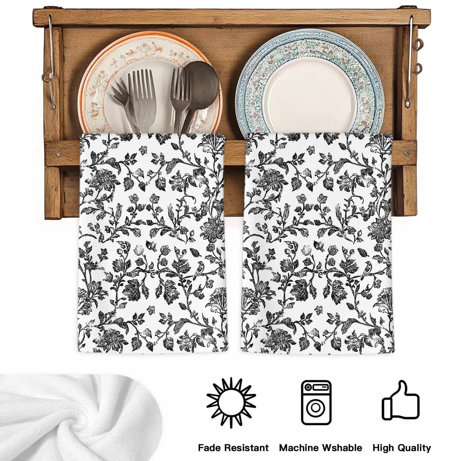 Black Flower Microfiber Kitchen Towel, Vintage Farmhouse Boho Leaf Spring Plant Soft Absorbent Dish Towels, Quick Drying Washable Dishcloths for Kitchen Cleaning, Drying Dishes, 18x28 Inches