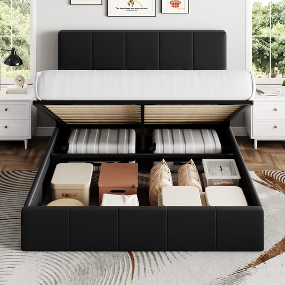 Sha Cerlin Queen Size Lift Up Storage Bed Frame, Adjustable Headboard, Hydraulic Support, Velvet Upholstered, Easy Installation, No Box Spring Needed, Black